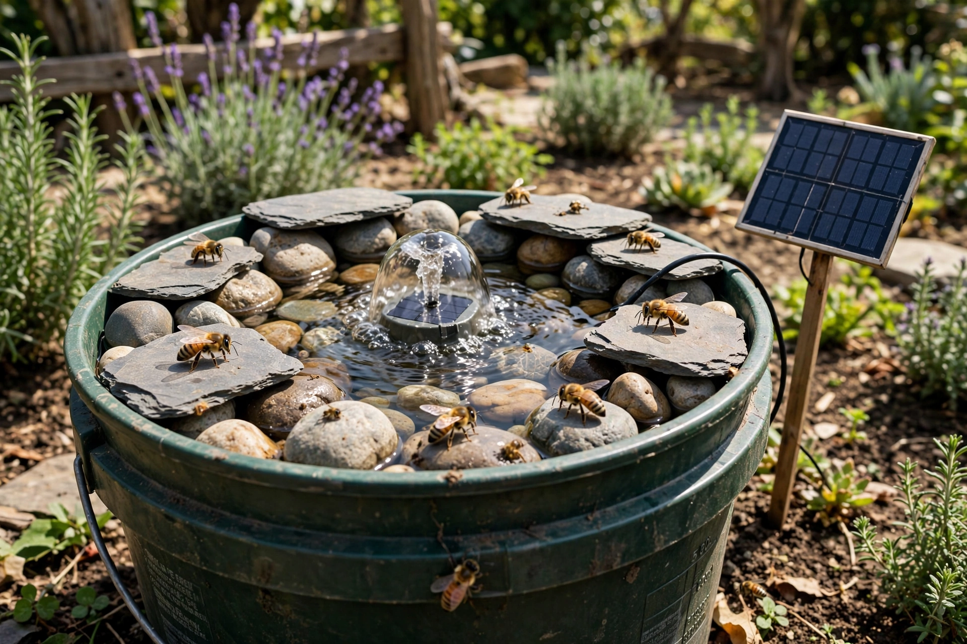Solar bee watering station in a garden: a green food-grade bucket filled with river rock and flat landing stones, honey bees at the water, and a small solar panel on a stake beside the bucket.
